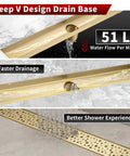 28 Inch Linear Shower Drain Gold Rectangular Channel With V Shape Design For Fast Drainage In Shower Rooms 304 Stainless Steel cUPC Certified Drain Base Not Included