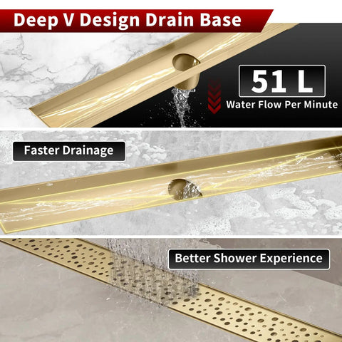 28 Inch Linear Shower Drain Gold Rectangular Channel With V Shape Design For Fast Drainage In Shower Rooms 304 Stainless Steel cUPC Certified Drain Base Not Included