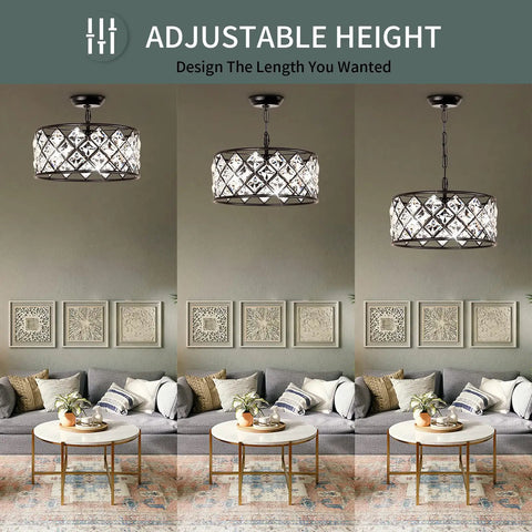Dope Black Crystal 3 Light Chandelier for Dining Room with adjustable drum design and glam crystals