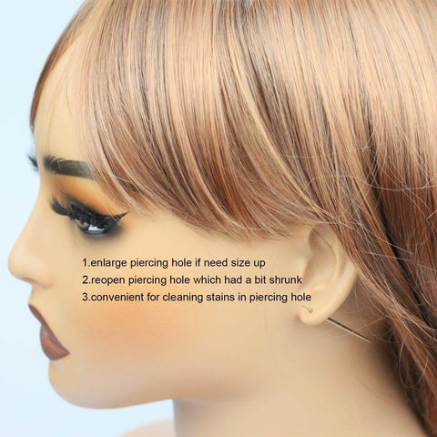 Side view of mannequin head displaying Titanium Insertion Taper Pin Kit Three Pack 20G 18G 16G for ear piercing use.