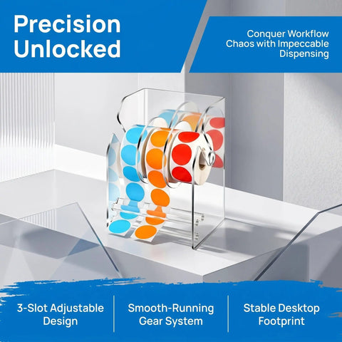 Acrylic Label Dispenser With Adjustable Three Slots For Shipping And Fast Paced One Hand Loading For Printing Shops DIY Areas And Busy Ecommerce Workflows A Reliable Label Roll Holder And Tape Storage Solution on white desk