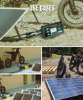 Beefy Waterproof Boost MPPT Solar Charge Controller 12V-48V Up To 250W Panel For LiFePO4 Gel Batteries Golf Carts Electric Bikes Skateboards And Surfboards shown with electric bikes and solar panels