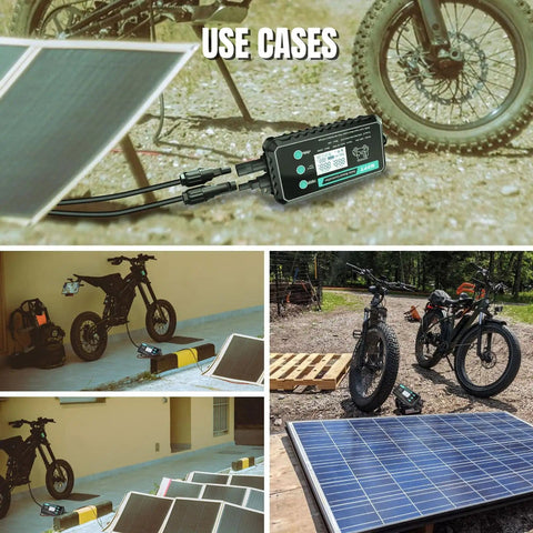 Beefy Waterproof Boost MPPT Solar Charge Controller 12V-48V Up To 250W Panel For LiFePO4 Gel Batteries Golf Carts Electric Bikes Skateboards And Surfboards shown with electric bikes and solar panels