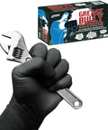 Hardcore Black Nitrile Gloves, Commercial Grade Automotive Mechanic And Garage Workwear, 6 Mil Thick Disposable Shop Gloves With Top Shelf Durability And Slip Resistant Grip, Large Size, 100 Count Box, hand holding a wrench.