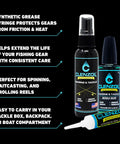 Marine Reel Care Kit With Oil And Grease For Freshwater And Saltwater Reels, synthetic grease syringe, spray and oiler displayed