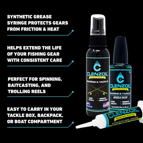 Marine Reel Care Kit With Oil And Grease For Freshwater And Saltwater Reels, synthetic grease syringe, spray and oiler displayed