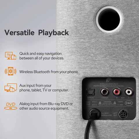 Back panel of Next Level Desk Speakers With Bluetooth 5.0 And 62W RMS Power, inputs for versatile playback options.