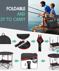 Portable Folding Picnic Table For Outdoors With 4 Cup Holders in use by father and son while fishing, showing setup and carry bag