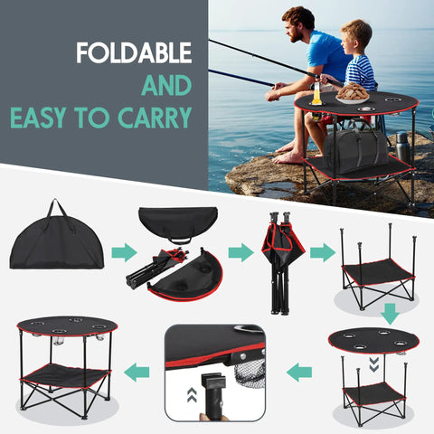Portable Folding Picnic Table For Outdoors With 4 Cup Holders in use by father and son while fishing, showing setup and carry bag