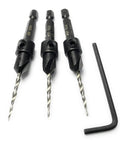 Pro Grade Carbon Steel Countersink Drill Bit Set For Precision Woodworking Includes Three 45 Degree Tapered 7/64 Inch Bits Plus One Allen Key on white background.