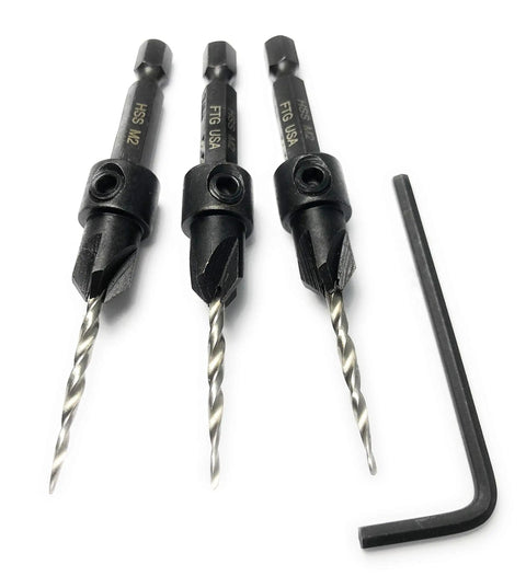 Pro Grade Carbon Steel Countersink Drill Bit Set For Precision Woodworking Includes Three 45 Degree Tapered 7/64 Inch Bits Plus One Allen Key on white background.