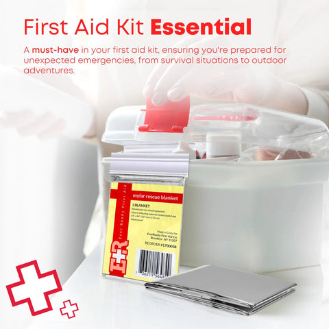 Mylar Rescue Emergency Blanket For Survival, Extra Large 54 By 84 Inch Silver Thermal Sheet Reflects Heat Up To 90 Percent shown in a first aid kit