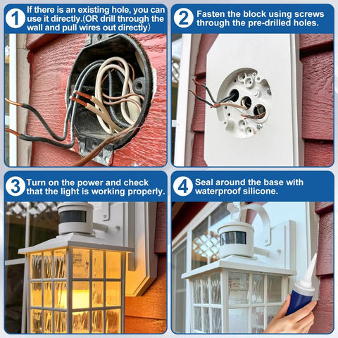 Pro Level 3 Pack Vinyl Siding Mounting Blocks for 1 2 Inch Lap Double and 4 Inch Siding installed with wiring and light fixture.