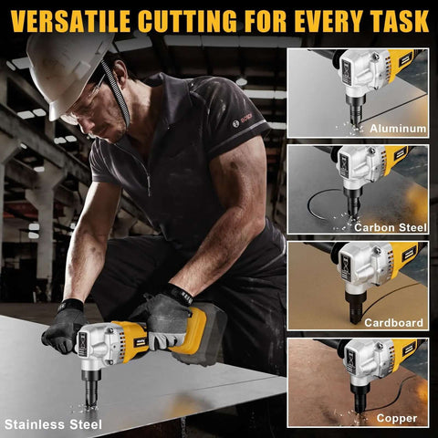 Beast Mode Cordless Metal Nibbler with assist handle cutting stainless steel, aluminum, copper. 18 gauge, 1900 RPM brushless motor.
