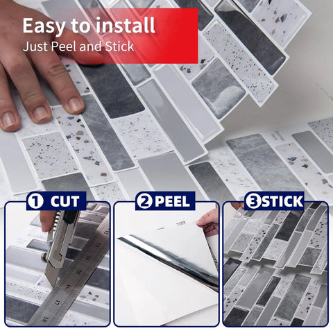 Peel And Stick Backsplash Tiles 12x12 Brown Stone Design 10 Sheets Waterproof And Heat Resistant Kitchen Wall Tile Stickers shown in installation process with cut, peel, and stick steps.