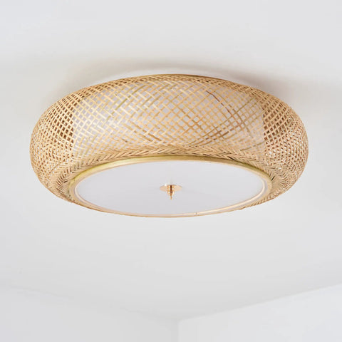 Handwoven Rattan Flush Mount Ceiling Light With Three E26 Bulbs in Dope Boho Style for Bedroom Entryway and Foyer 15 Inch