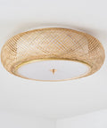 Handwoven Bamboo Drum Flush Mount Ceiling Light With Rattan Shade 3 Light Boho Fixture For Bedroom Kitchen Nursery 19 Inch Wide Cozy Warm Glow Modern Rustic Ceiling Lamp