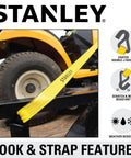 Heavy Duty Beefy Ratchet Tie Down Straps 1.5 Inch Wide 16 Foot Long Black And Yellow 3300 Lb Break Strength Four Pack hooked on trailer