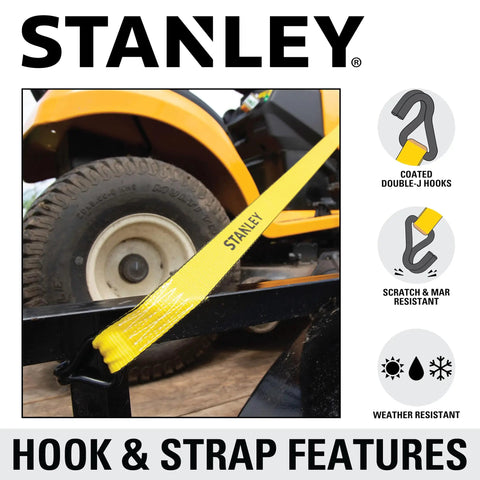 Heavy Duty Beefy Ratchet Tie Down Straps 1.5 Inch Wide 16 Foot Long Black And Yellow 3300 Lb Break Strength Four Pack hooked on trailer