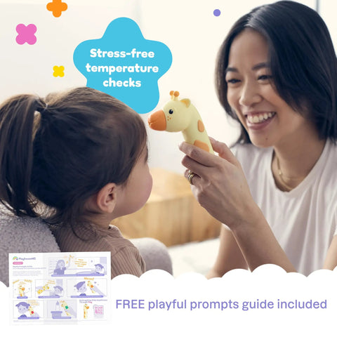 Giraffe Themed No-Touch 3 In 1 Baby And Kids Thermometer For Infants With Quick Forehead Ear And Body Temp Readings, Kid Friendly Design To Keep Toddlers Chill During Temp Checks, handheld in use