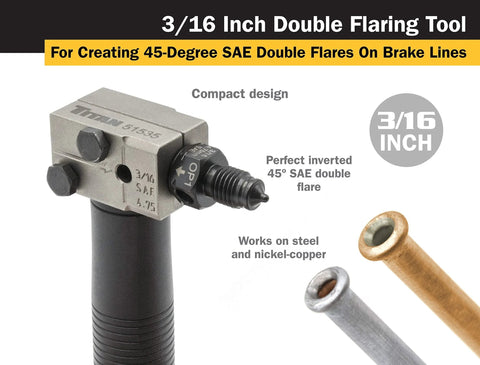 Titan 3/16-inch double flaring tool, front view, gray metal body with black handle.