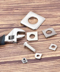 Beveled Square Washers For M8 Bolts, 304 Stainless Steel, 18x18mm Outer, 3.8mm Thick, 8mm Hole, 15 Pack, shown with wrench