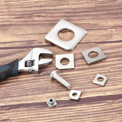 Beveled Square Washers For M8 Bolts, 304 Stainless Steel, 18x18mm Outer, 3.8mm Thick, 8mm Hole, 15 Pack, shown with wrench
