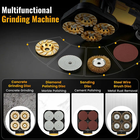 Heavy Duty Four Head Concrete Floor Grinder With Extendable Rod And Diamond Grinding Discs showing various grinding discs for multiple applications.