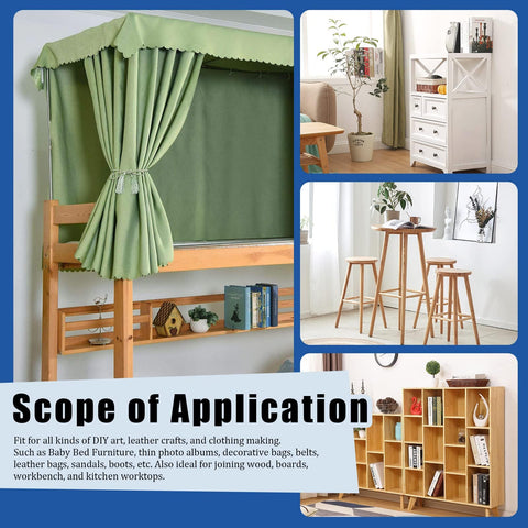 Furniture assembly examples: bunk bed, cupboard, high stools, and shelf, showcasing possible applications for M6 Hex Drive Socket Head Cap Screws Kit 16 25 35 45 55 65 75mm Nickel Plated Allen Bolts And Nuts For Chairs Tables Cabinets Furniture Assembly Includes 42 Crib Screws 42 Barrel Nuts And 1 M4 Hex Wrench.