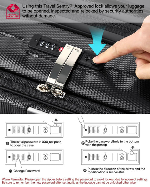 Close-up of TSA lock and instructions on 16 Inch Expandable Underseat Carry-On Luggage With Wheels, Grab-And-Go Top Opening For Easy Access.