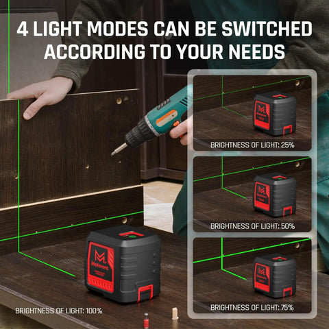 Pro Grade Self Leveling Laser Level With Green Cross Line, 100 Ft Range, Four Brightness Modes in use for carpentry