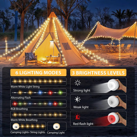 Image showing 4 In 1 Camping String Light With Rechargeable Battery Thirty Two Point Eight Feet Of Hanging Waterproof Portable LED Lamp with lighting modes and brightness levels.