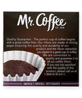 Front view of Mr. Coffee four cup coffee filters box, showing product details and filter quality description text.