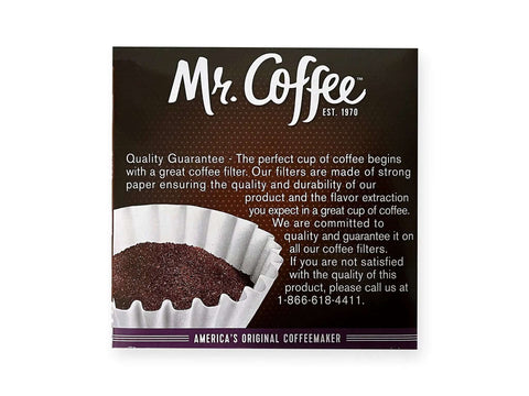 Front view of Mr. Coffee four cup coffee filters box, showing product details and filter quality description text.