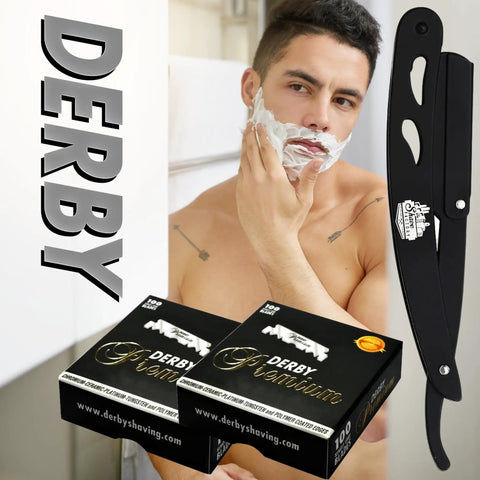Man shaving with Premium Single Edge Razor Blades With Ultra Sharp Chromium Ceramic Platinum Tungsten And Polymer Coated Edges
