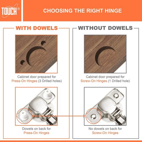 Diagram showing difference between cabinet doors with dowels for Press-On Hinges and without dowels for Screw-On Hinges