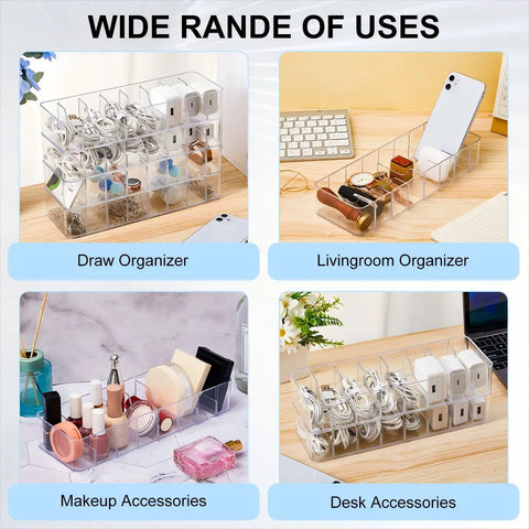 2 Pack Cable Organizer Box With 20 Wire Ties Clear Desk Drawer Storage for Chargers and Cables, Adjustable Compartments Electronics Organizer shown with various uses for organizing items on a desk.