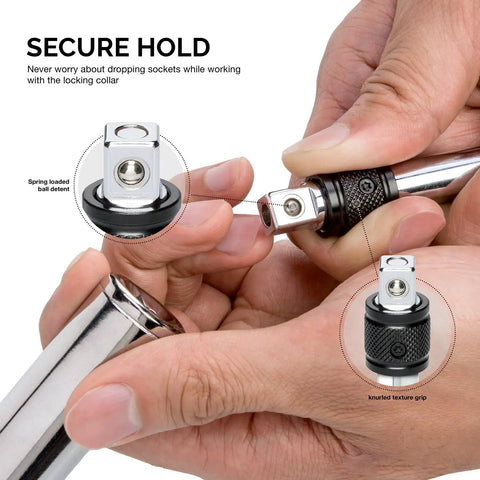 Close-up of Three Eighths Inch Drive Locking Extension Bar Set three piece with chrome vanadium steel in use, showing secure hold detail.