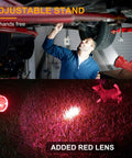 Man using Beast Bright Rechargeable Spotlight Flashlight With 200 Lumen High Mode IP66 Waterproof under car; red filter for night use.
