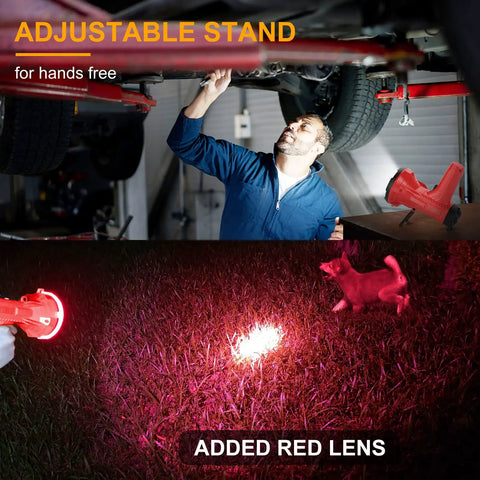 Man using Beast Bright Rechargeable Spotlight Flashlight With 200 Lumen High Mode IP66 Waterproof under car; red filter for night use.