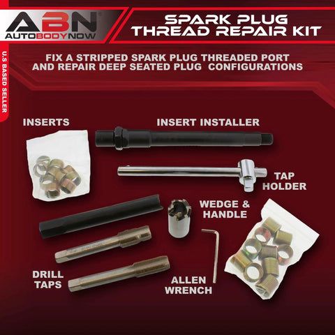 Spark Plug Thread Repair Kit For 14mm Metric Ports With Rethreading Taps Inserts And Reamer Deep Seat Fix No Fuss All In One Tool Set For Easy Car Engine Repairs, showing various tools and parts like taps, inserts, wrench, and reamer.