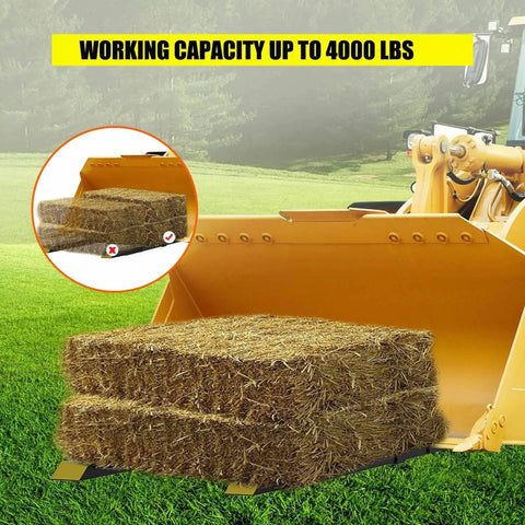 Heavy Duty 60 Inch Pallet Forks With Adjustable Stabilizer Bar 4000 Lb Capacity on skid steer lifting hay bales.
