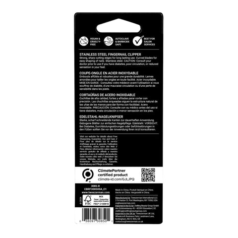 Back of packaging for Stainless Steel Fingernail Clipper With Curved Blade For Precise Nail Trimming And Sharp Cutting Edges Durable Pro Grade Manicure Tool For Easy At Home Nail Care Everyday Use Anywhere.