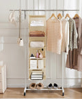Six Tier Hanging Closet Organizer Shelf With Cloth Fabric And Two Sturdy Hooks Foldable Beige Storage Solution shown in use