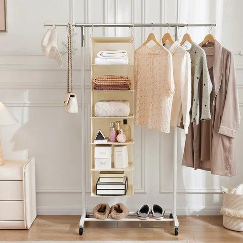 Six Tier Hanging Closet Organizer Shelf With Cloth Fabric And Two Sturdy Hooks Foldable Beige Storage Solution shown in use
