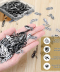 Picture frame turn-button fasteners set, gunmetal finish, 100-piece with screws, held in hand