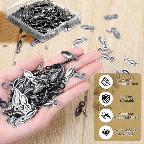 Picture frame turn-button fasteners set, gunmetal finish, 100-piece with screws, held in hand