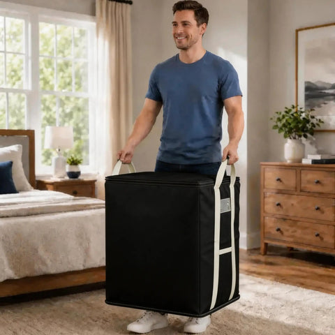 Extra Large Black Storage Bins With Heavy Duty Zipper, Foldable Fabric Bags For Clothes Blankets Comforters Pillows And Toys being lifted by a smiling man.