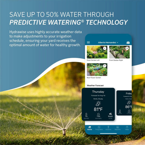 Wand Smart WiFi Module For X2 Sprinkler Controller with Hydrawise app interface, showing remote scheduling options.