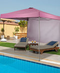Pink 10x10 Ft Pop Up Canopy Tent With Slant Leg Frame Sidewall And Vented Panels Hangout Ready Portable Gazebo by a pool.